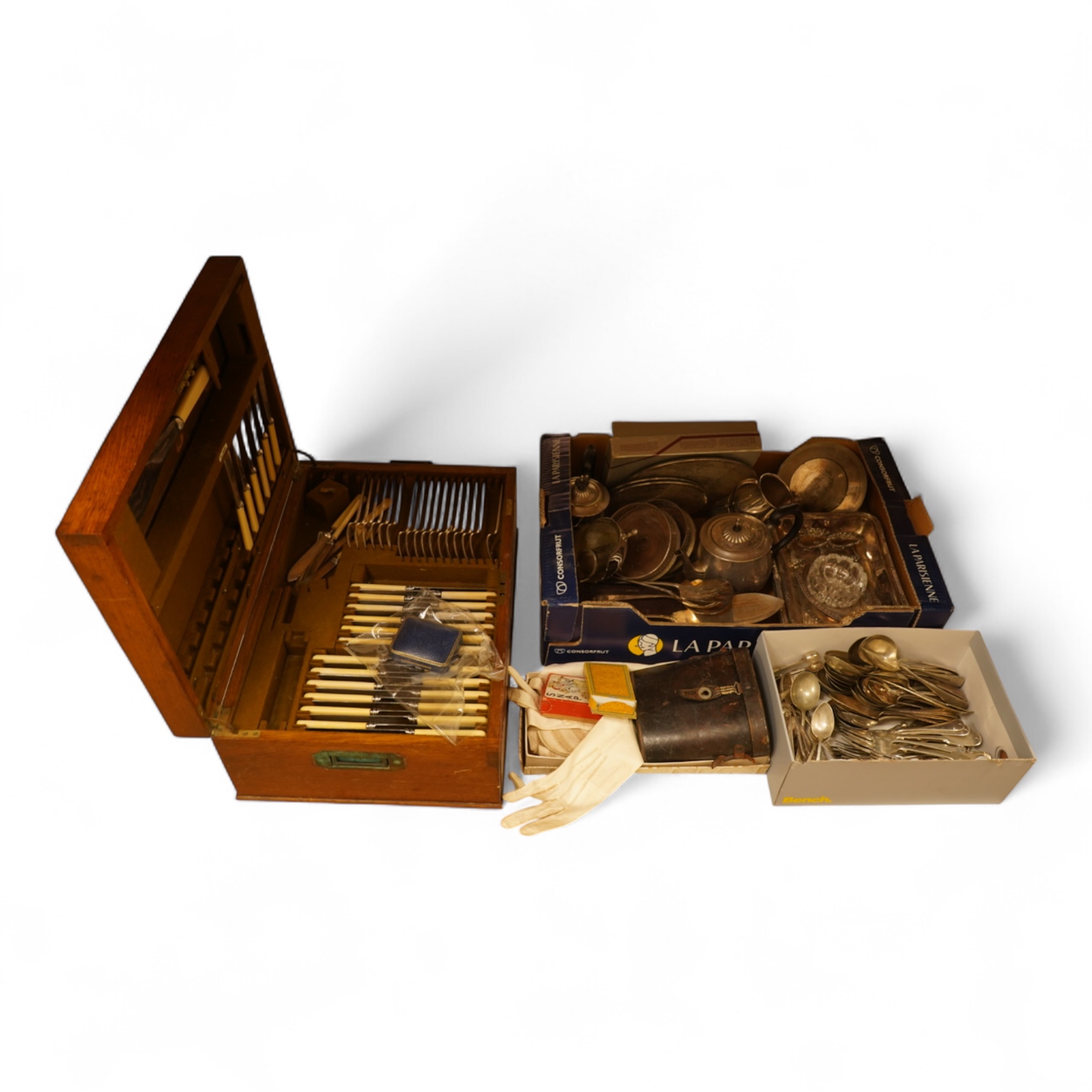 An early 20th century Mappin & Webb canteen and assorted plate other cutlery a boxed set of black enamelled studs and cufflinks etc